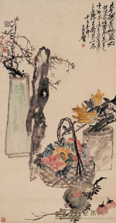 吴昌硕 壬子（1912）年作 岁朝景物 立轴 151×79cm
